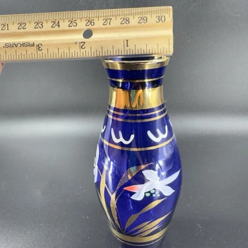Vintage Bohemian‎ Art Glass Vase Vessel With Hand Painted Flowers Czech Vase VTG